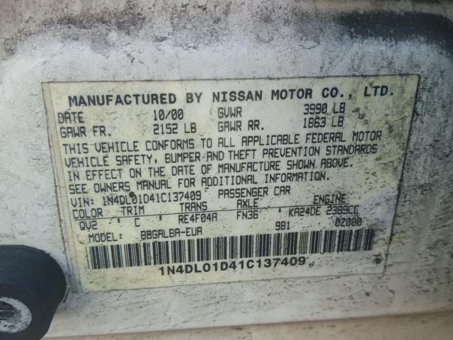 1N4DL01D41C137409 - 2001 NISSAN ALTIMA XE WHITE photo 10