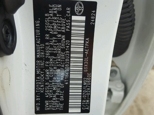 4T1BK3DB2BU391420 - 2011 TOYOTA AVALON BAS WHITE photo 10