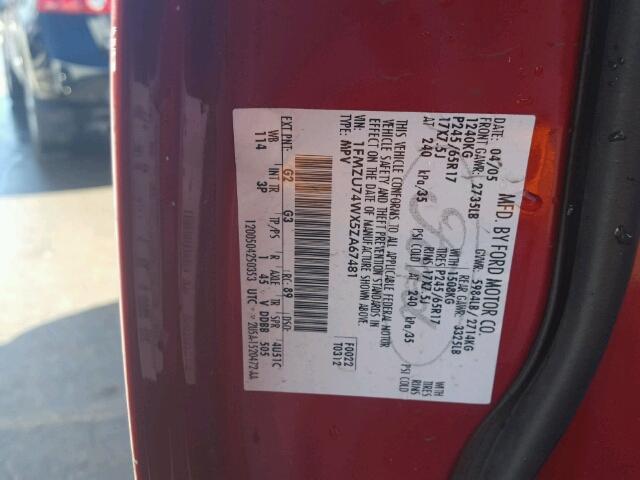 1FMZU74WX5ZA67481 - 2005 FORD EXPLORER E RED photo 10