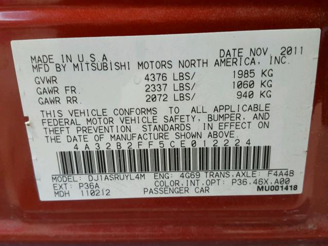 4A32B2FF5CE012224 - 2012 MITSUBISHI GALANT FE RED photo 10