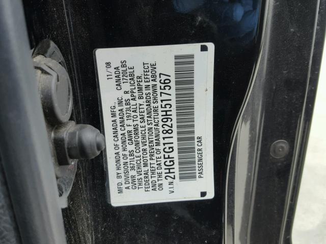 2HGFG11829H517567 - 2009 HONDA CIVIC EX BLACK photo 10