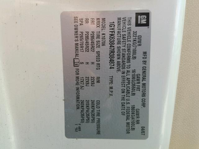 1GYFK63847R384874 - 2007 CADILLAC ESCALADE L WHITE photo 10