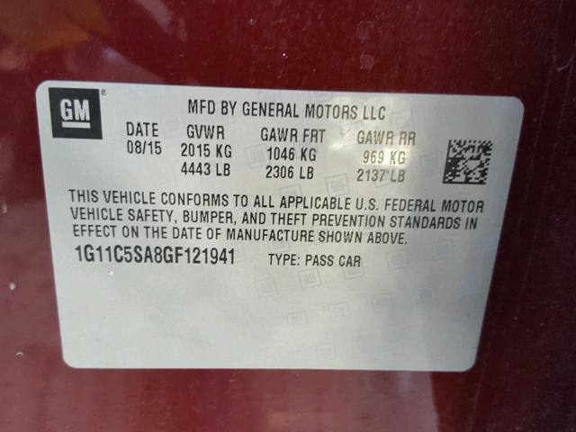 1G11C5SA8GF121941 - 2016 CHEVROLET MALIBU LIM 勃艮第红 照片 10