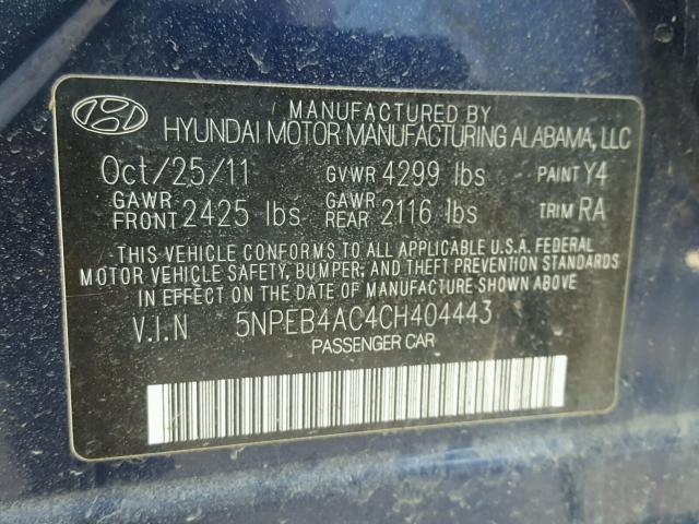 5NPEB4AC4CH404443 - 2012 HYUNDAI SONATA GLS BLUE photo 10