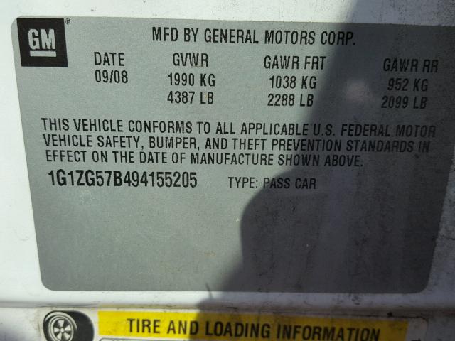 1G1ZG57B494155205 - 2009 CHEVROLET MALIBU LS 白色 照片 10