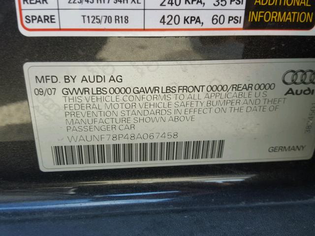 WAUNF78P48A067458 - 2008 AUDI A3 2.0 PRE BLUE photo 10