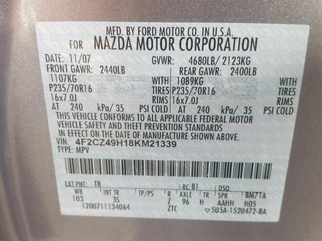 4F2CZ49H18KM21339 - 2008 MAZDA TRIBUTE HY GRAY photo 10