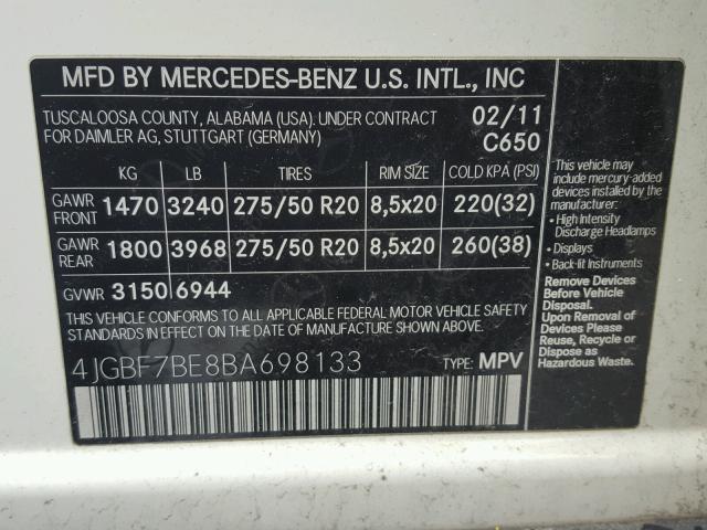 4JGBF7BE8BA698133 - 2011 MERCEDES-BENZ GL 450 4MA WHITE photo 10