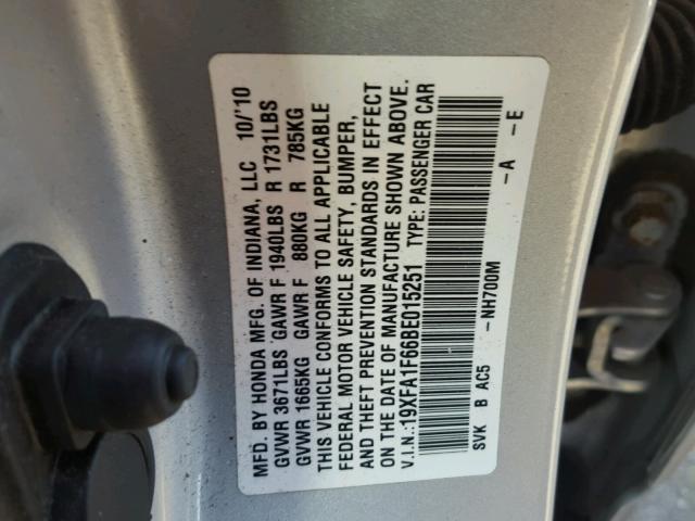 19XFA1F66BE015251 - 2011 HONDA CIVIC LX-S SILVER photo 10