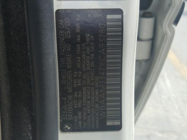 WBAAM3347YCA93280 - 2000 BMW 323 I WHITE photo 10