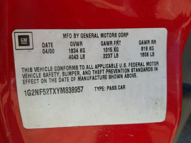 1G2NF52TXYM838957 - 2000 PONTIAC GRAND AM S RED photo 10