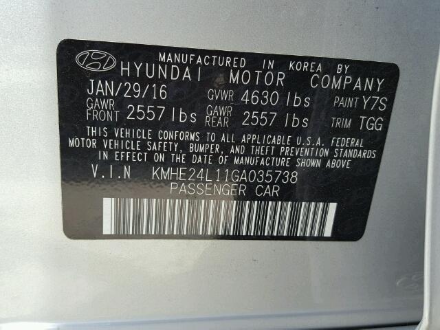 KMHE24L11GA035738 - 2016 HYUNDAI SONATA HYB SILVER photo 10