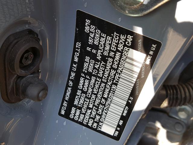 SHHFK7H75HU201130 - 2017 HONDA CIVIC EXL GRAY photo 10