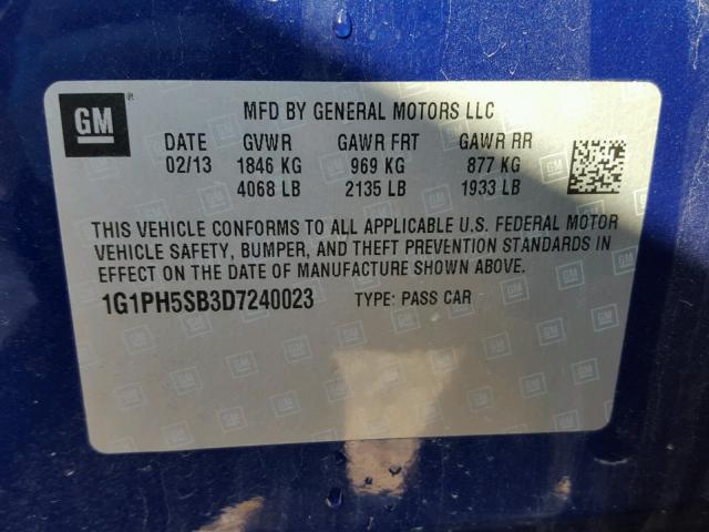 1G1PH5SB3D7240023 - 2013 CHEVROLET CRUZE ECO BLUE photo 10