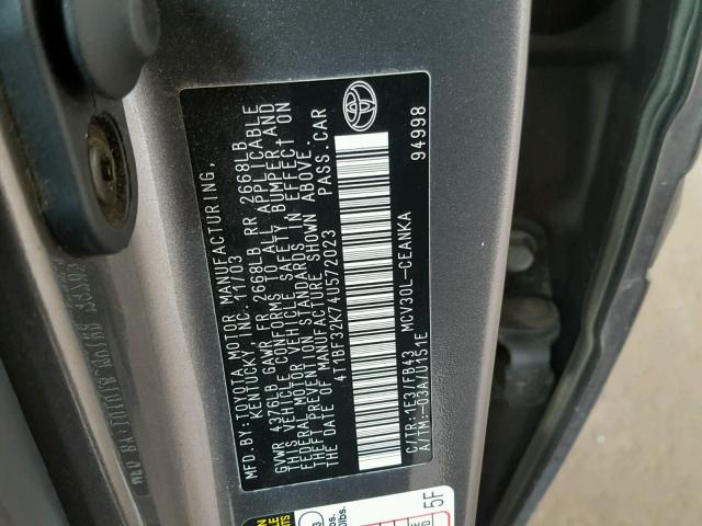 4T1BF32K74U572023 - 2004 TOYOTA CAMRY LE ნაცრისფერი ფოტო 10