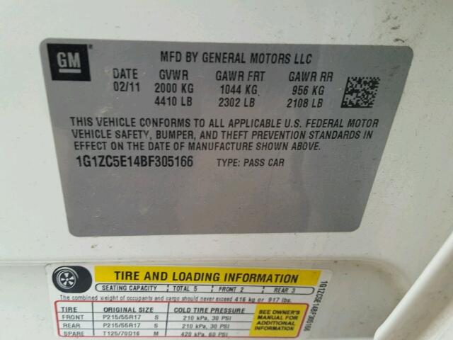 1G1ZC5E14BF305166 - 2011 CHEVROLET MALIBU 1LT 白色 照片 10