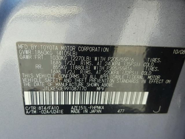 JTLKE50E991087170 - 2009 TOYOTA SCION XB GRAY photo 10