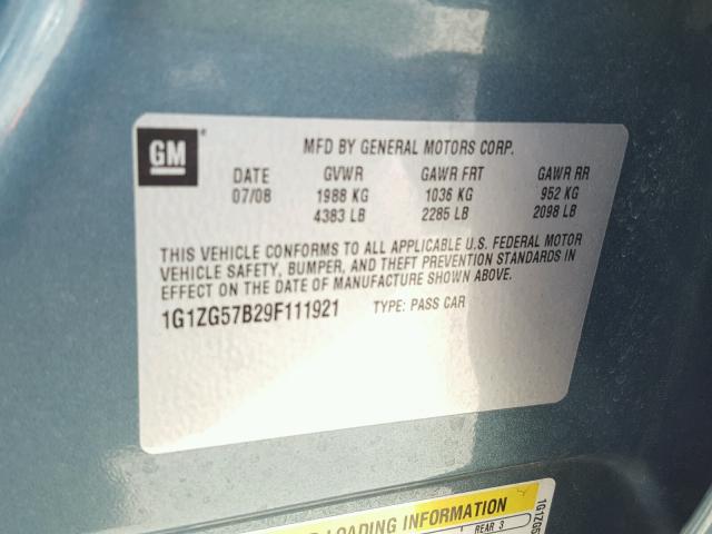 1G1ZG57B29F111921 - 2009 CHEVROLET MALIBU LS 绿色 照片 10