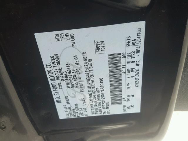 1FTPX12505NA90480 - 2005 FORD F150 BLACK photo 10