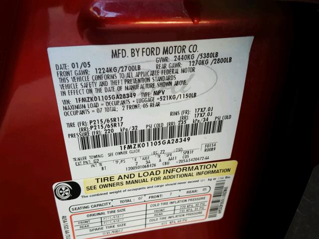 1FMZK01105GA28349 - 2005 FORD FREESTYLE RED photo 10