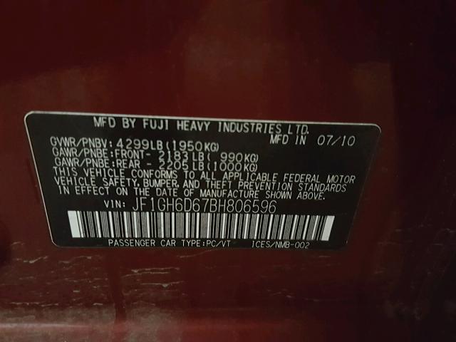 JF1GH6D67BH806596 - 2011 SUBARU IMPREZA OU RED photo 10