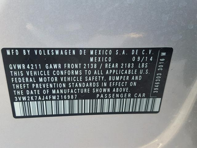 3VW2K7AJ4FM216987 - 2015 VOLKSWAGEN JETTA BASE 银色 照片 10