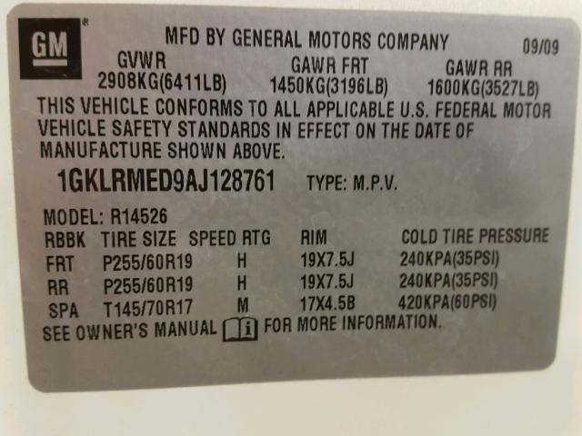 1GKLRMED9AJ128761 - 2010 GMC ACADIA SLT თეთრი ფოტო 10