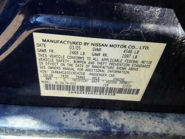 1N4BA41E05C854358 - 2005 NISSAN MAXIMA SE BLUE photo 10