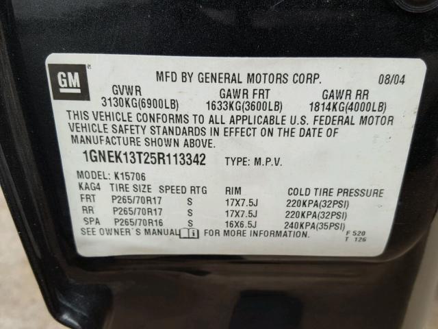 1GNEK13T25R113342 - 2005 CHEVROLET TAHOE K150 GRAY photo 10