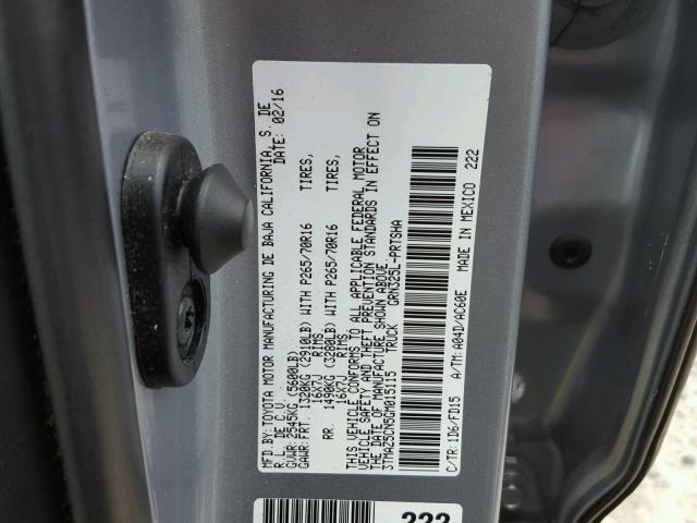 3TMAZ5CN5GM015115 - 2016 TOYOTA TACOMA DOU SILVER photo 10