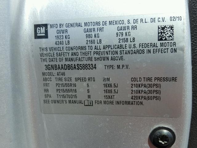 3GNBAADB6AS588334 - 2010 CHEVROLET HHR LS SILVER photo 10