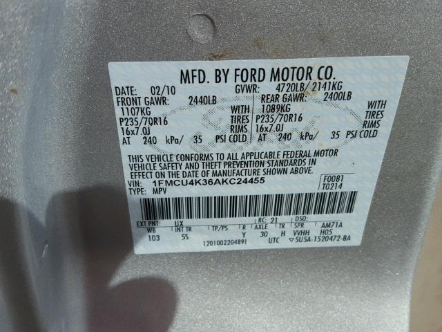 1FMCU4K36AKC24455 - 2010 FORD ESCAPE HYB SILVER photo 10