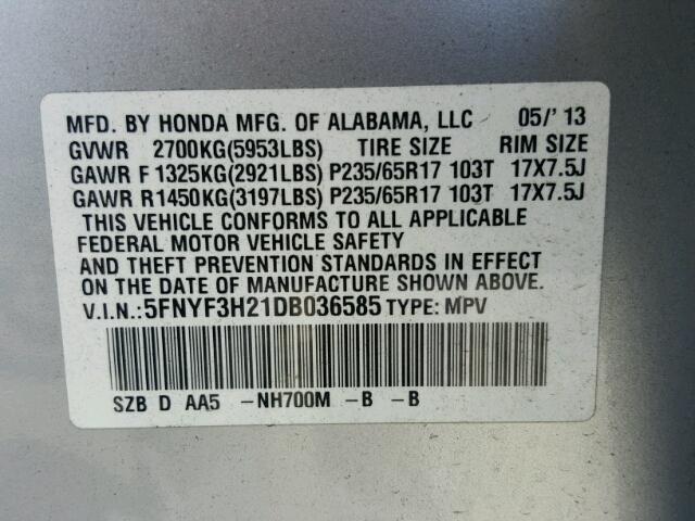 5FNYF3H21DB036585 - 2013 HONDA PILOT LX SILVER photo 10