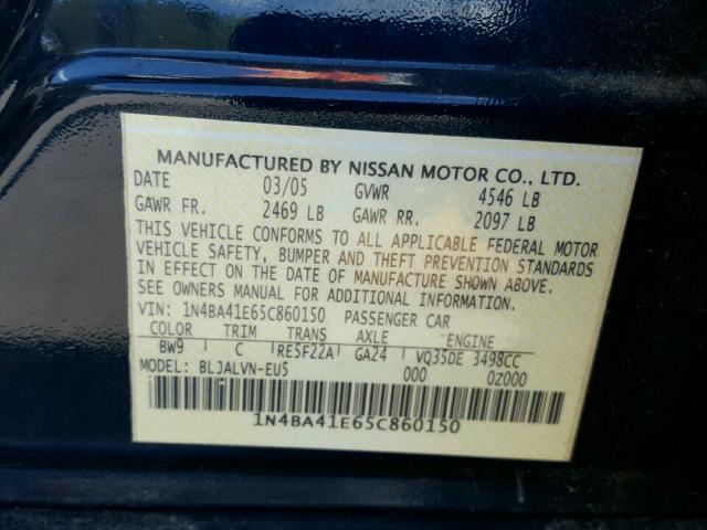 1N4BA41E65C860150 - 2005 NISSAN MAXIMA SE BLUE photo 10