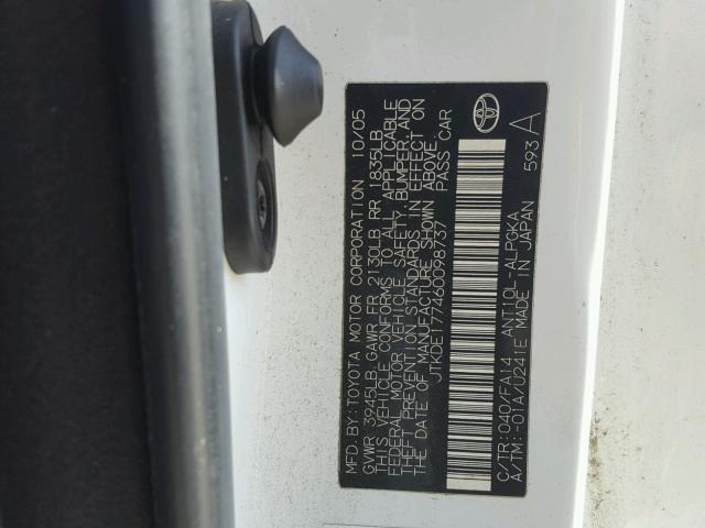 JTKDE177460098737 - 2006 TOYOTA SCION TC 白色 照片 10