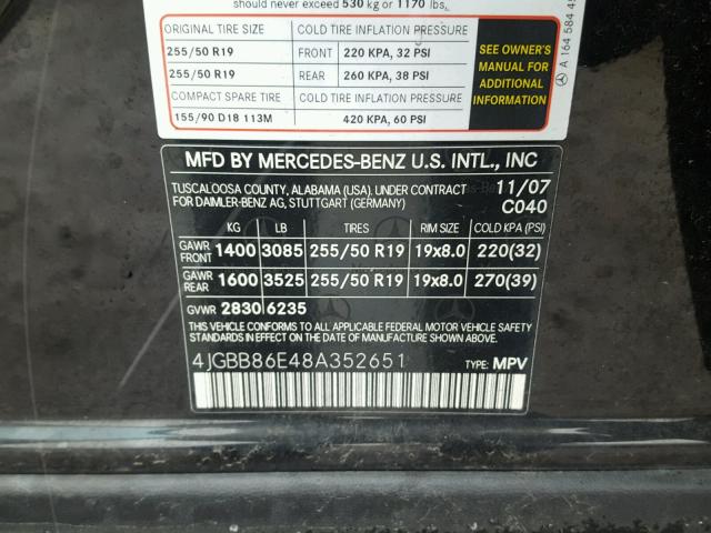 4JGBB86E48A352651 - 2008 MERCEDES-BENZ ML 350 BLACK photo 10