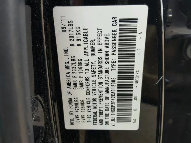 1HGCP2F42CA012083 - 2012 HONDA ACCORD LXP BLACK photo 10