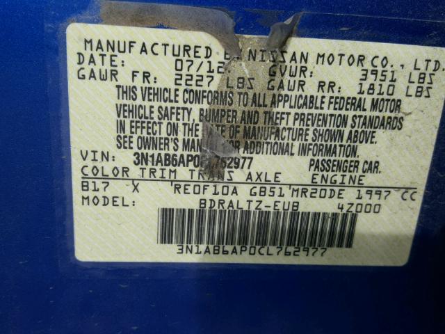 3N1AB6AP0CL762977 - 2012 NISSAN SENTRA 2.0 BLUE photo 10