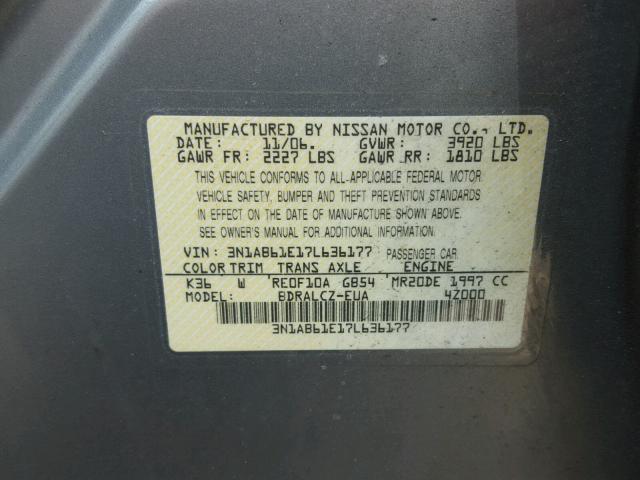 3N1AB61E17L636177 - 2007 NISSAN SENTRA 2.0 GRAY photo 10