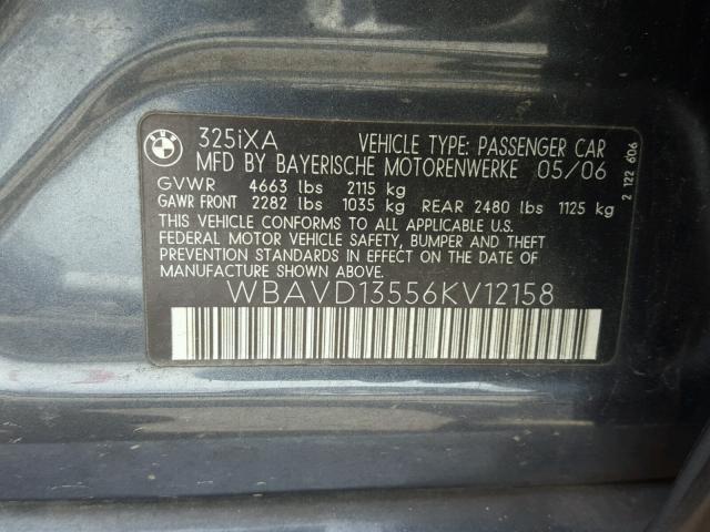 WBAVD13556KV12158 - 2006 BMW 325 XI CHARCOAL photo 10