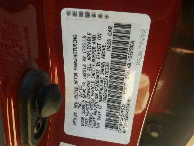 1NXBR32E25Z476335 - 2005 TOYOTA COROLLA S RED photo 10