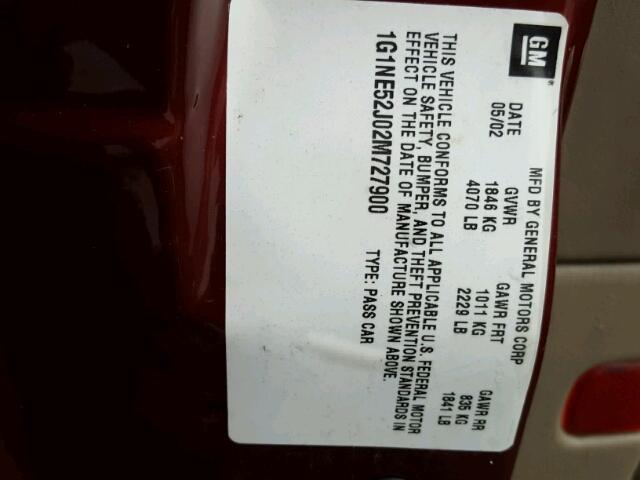 1G1NE52J02M727900 - 2002 CHEVROLET MALIBU LS მუქწითელი ფოტო 10