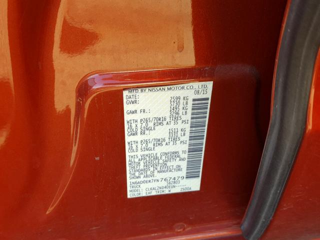 1N6AD0ER7FN767479 - 2015 NISSAN FRONTIER S RED photo 10