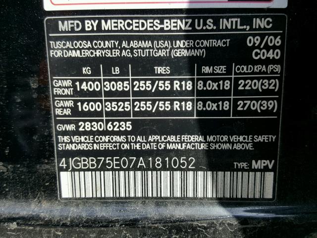 4JGBB75E07A181052 - 2007 MERCEDES-BENZ ML 500 BLACK photo 10