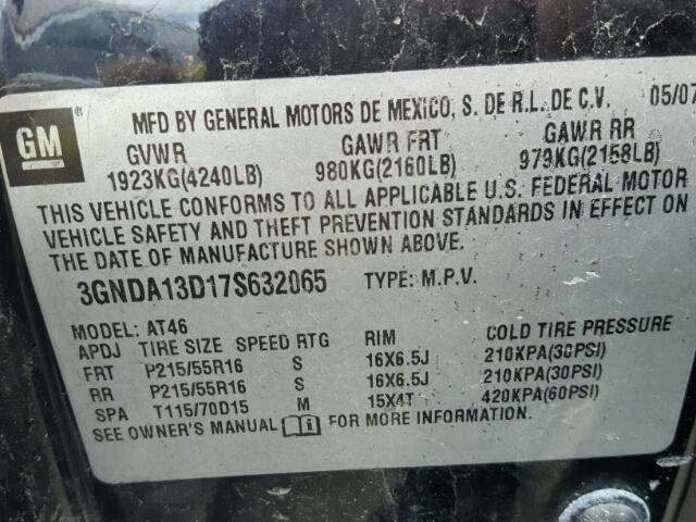 3GNDA13D17S632065 - 2007 CHEVROLET HHR LS BLACK photo 10