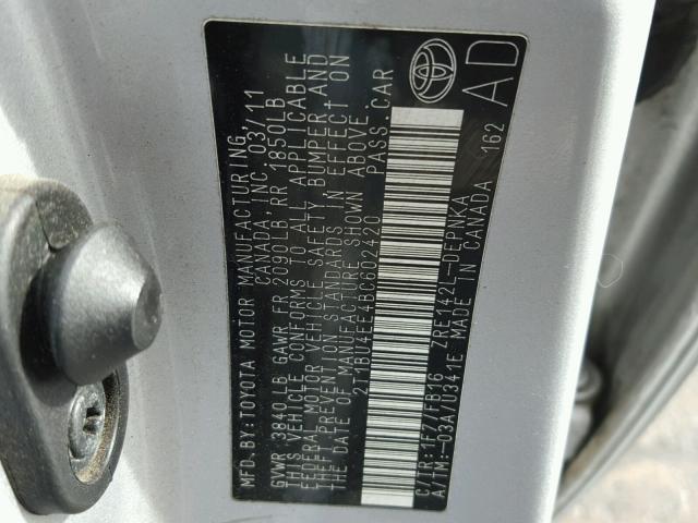 2T1BU4EE4BC602420 - 2011 TOYOTA COROLLA LE SILVER photo 10