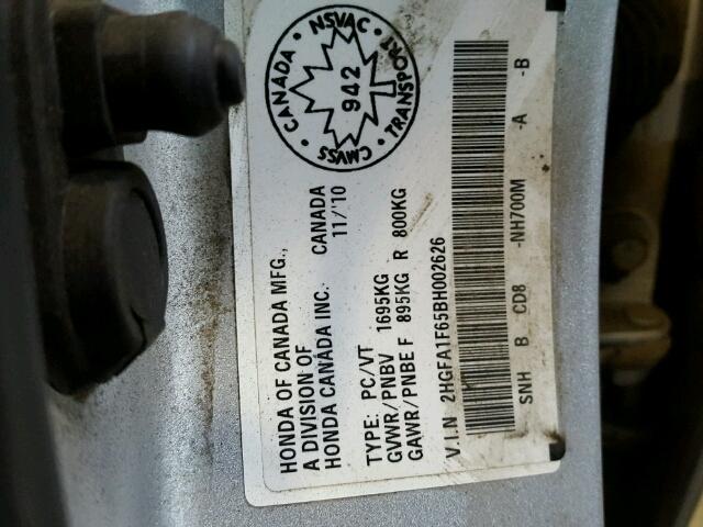 2HGFA1F65BH002626 - 2011 HONDA CIVIC LX-S 银色 照片 10