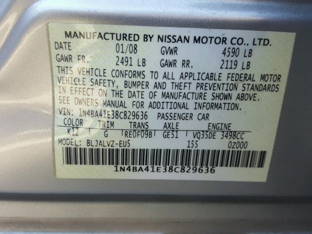 1N4BA41E38C829636 - 2008 NISSAN MAXIMA SE SILVER photo 10