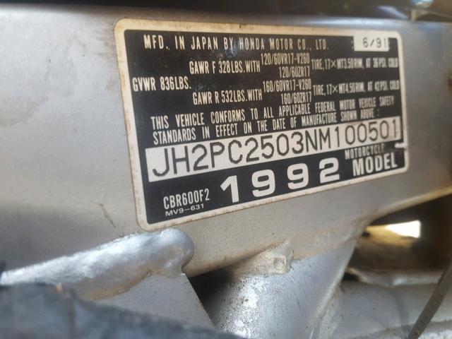 JH2PC2503NM100501 - 1992 HONDA CBR600 F2 BLUE photo 10