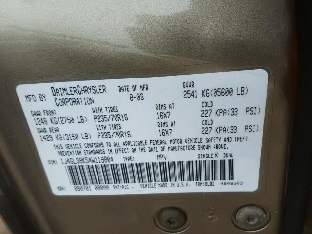 1J4GL38K54W119804 - 2004 JEEP LIBERTY RE GOLD photo 10